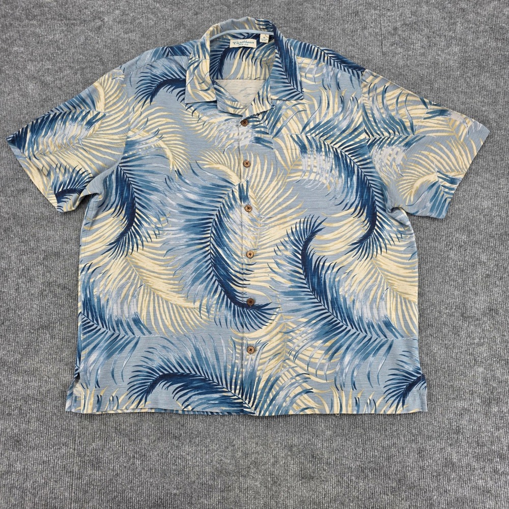 Caribbean Pure Silk Mens XL Blue Tropical Palm Leaf Print Camp Hawaiian Shirt